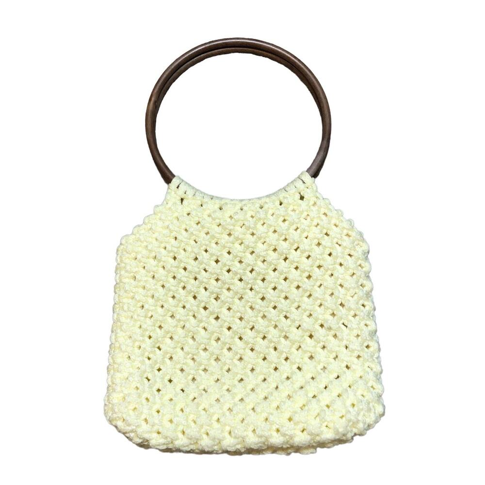 Macrame Handbag Purse Wooden Handle‎ Crochet Knit Boho Chic Cream Small